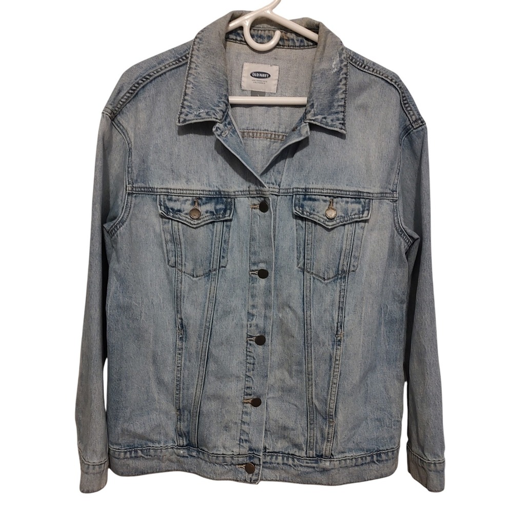 Old Navy Denim Blue Jean Jacket Long Sleeve Distressed Womens Size Large SEE‎